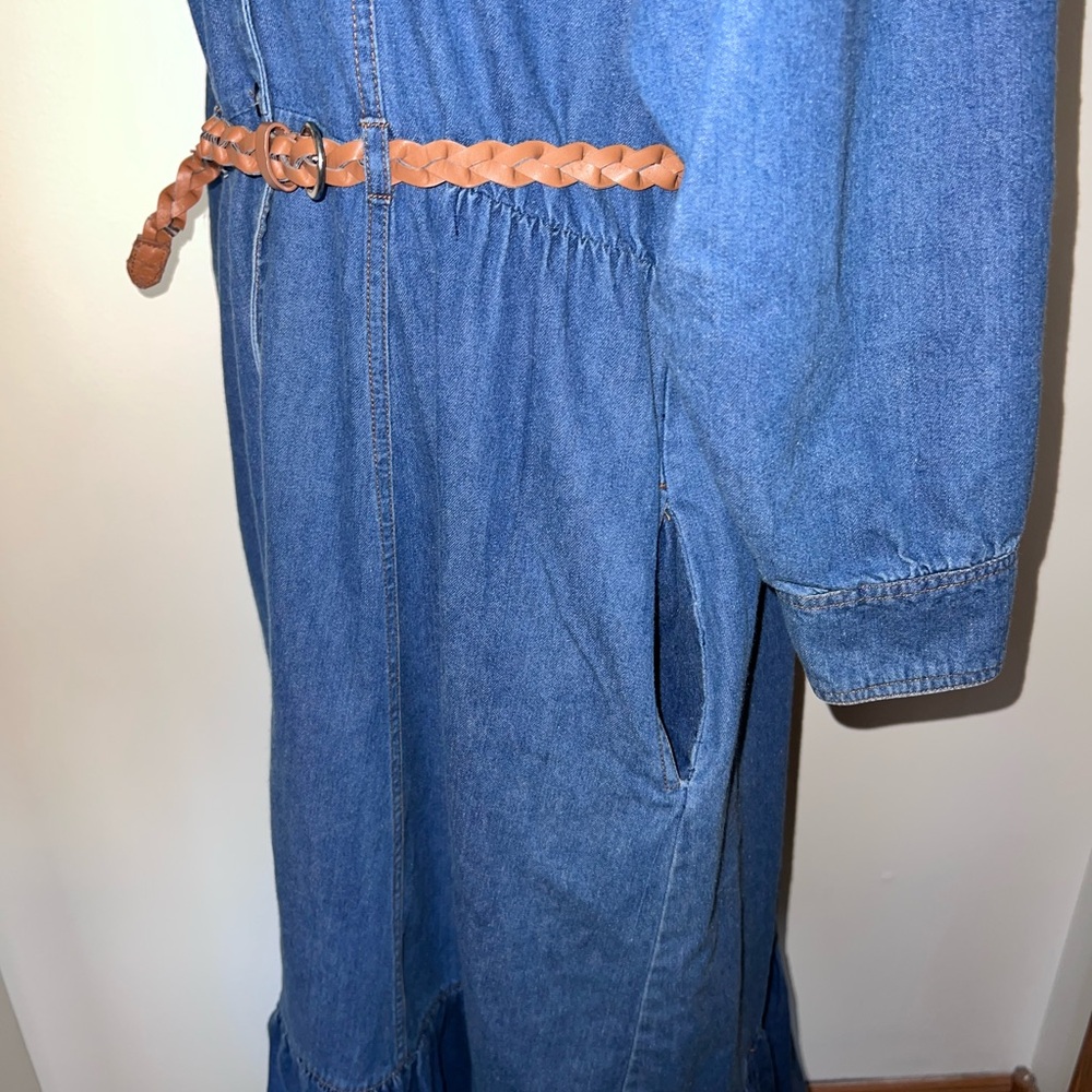 Jordache 80s Vintage Denim Prairie Dress Button Front Ruffle Hem Belted 15/16 - Picture 7 of 13